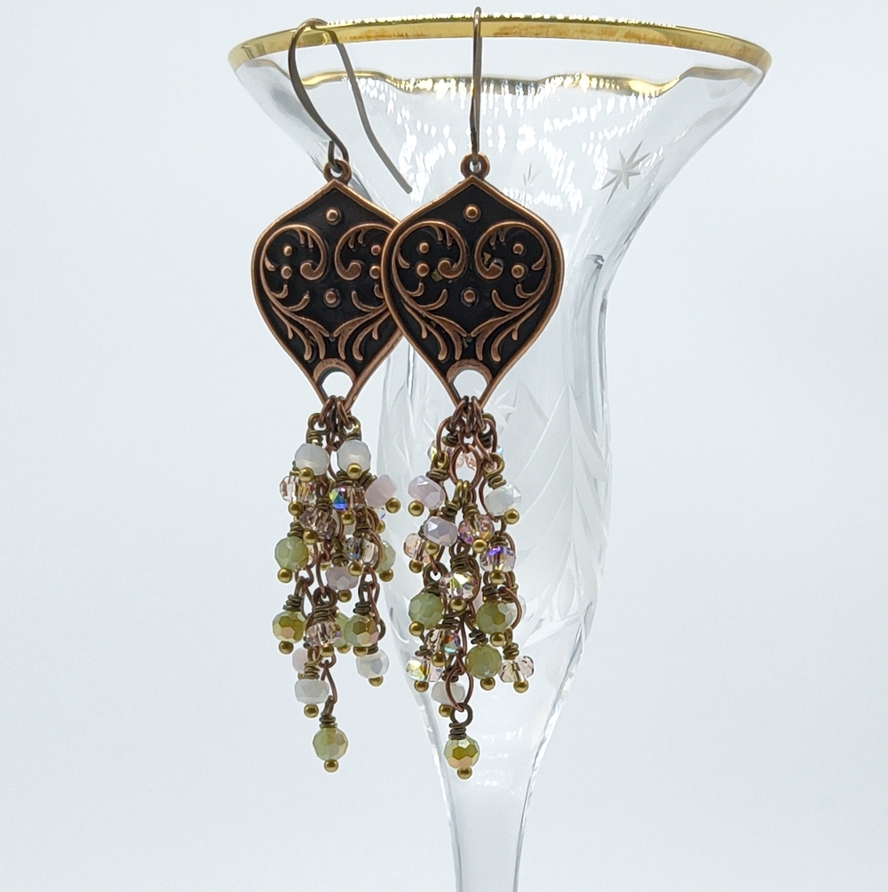 Antiqued Copper Crystal Cluster Dangle Earrings